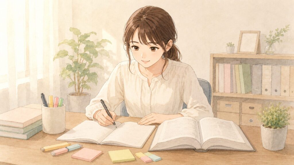 学校事務の採用試験に向けて勉強する受験者のイラスト