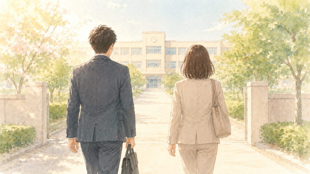 社会人から学校事務への転職を、校舎へ歩く男女で表すイラスト