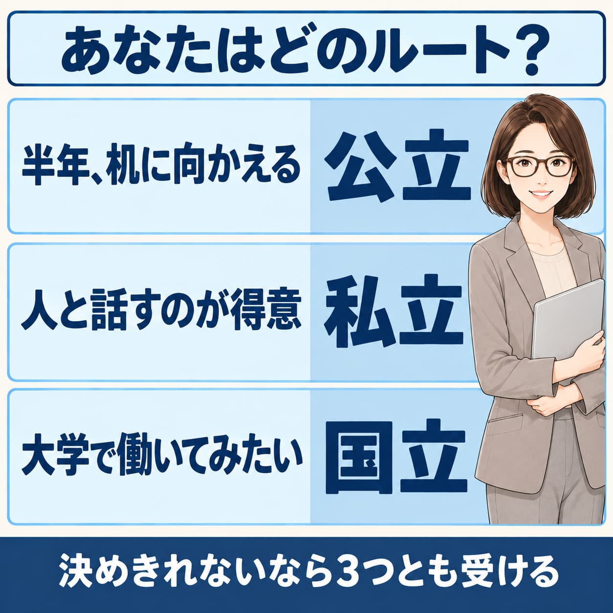 公立・国立・私立のどれが向いているかを3つの問いで示した図