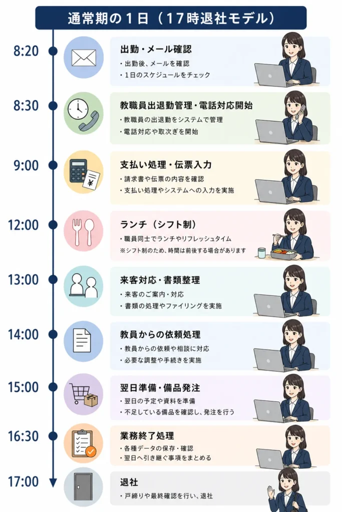 学校事務職員、定時退社の1日の時系列での図解