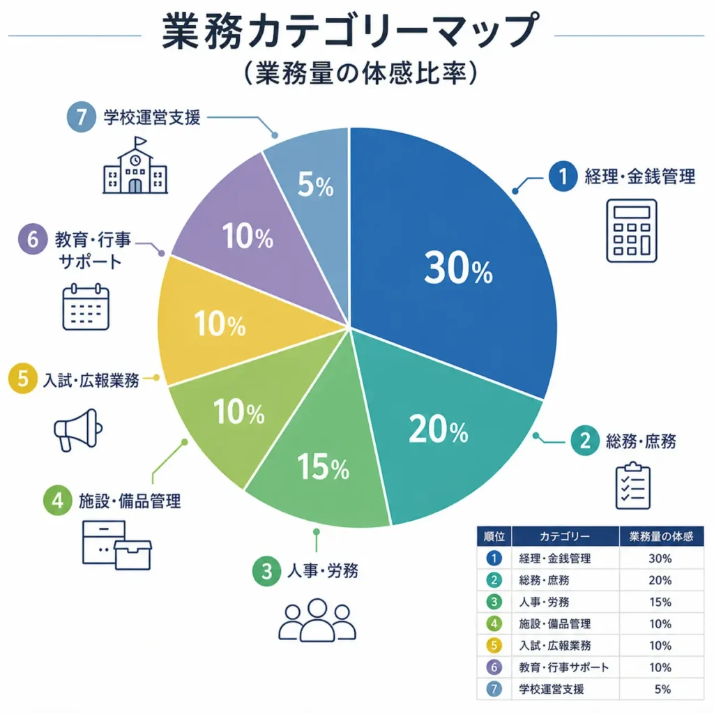学校事務の業務を7つのカテゴリーで示した業務カテゴリーマップ｜経理・総務・人事・施設管理・入試広報・行事サポート・運営支援