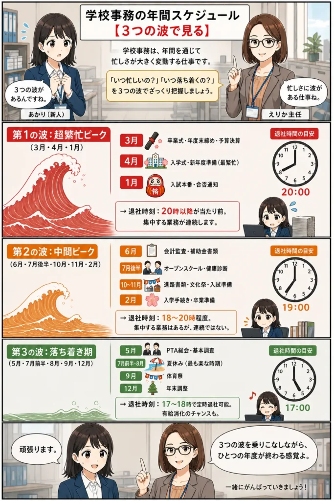 学校事務の年間スケジュールを3つの波（超繁忙ピーク・中間ピーク・落ち着き期）で図解｜私立高校15年目の現役主任が解説