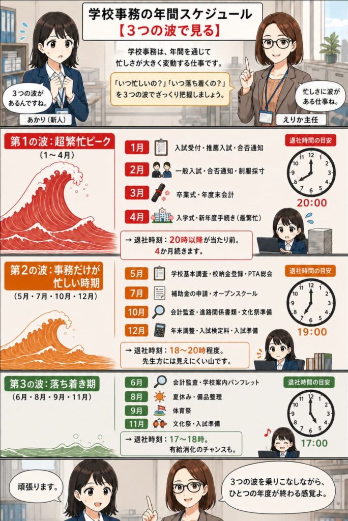 学校事務 年間の忙しさを3つの波で表した図解