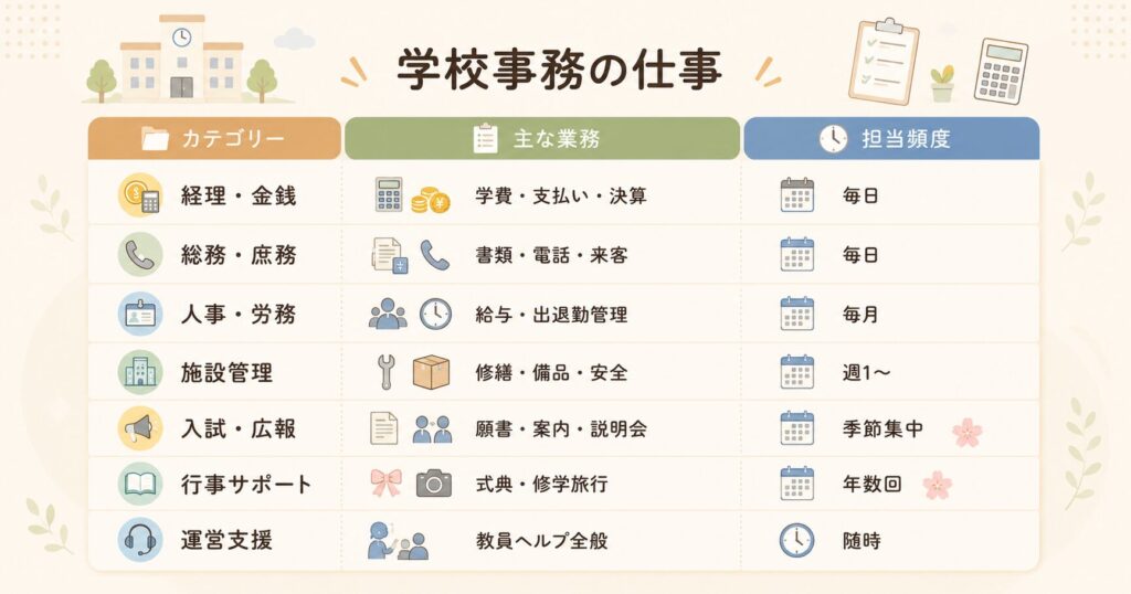 学校事務の業務を経理・総務・人事・施設管理・入試広報・行事・運営支援の7カテゴリーで示した早見表