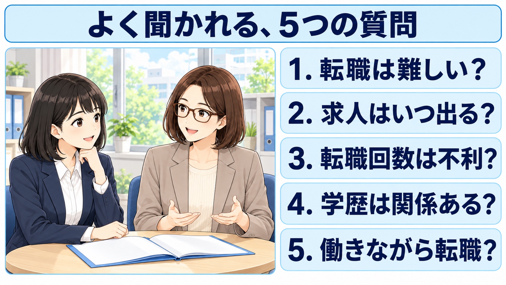 学校事務への転職について、難しさ・求人時期・転職回数・学歴・働きながらの活動という5つの質問をまとめた図解