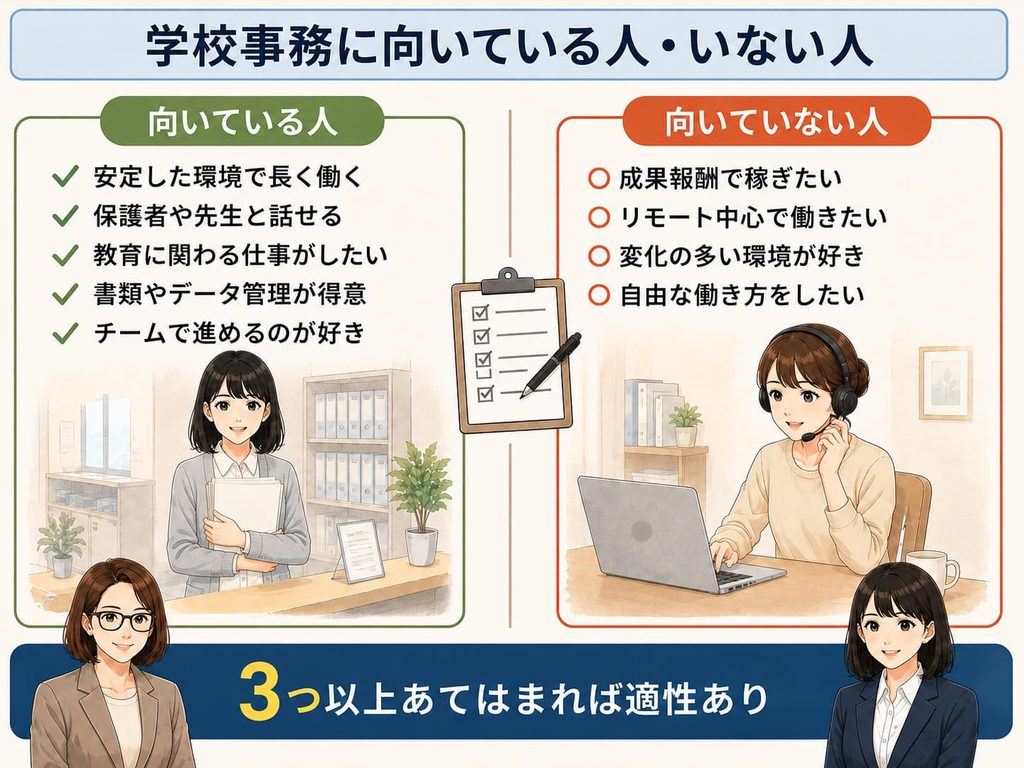 「学校事務に向いている人・向いていない人【適性チェックリスト】を示す図解」
