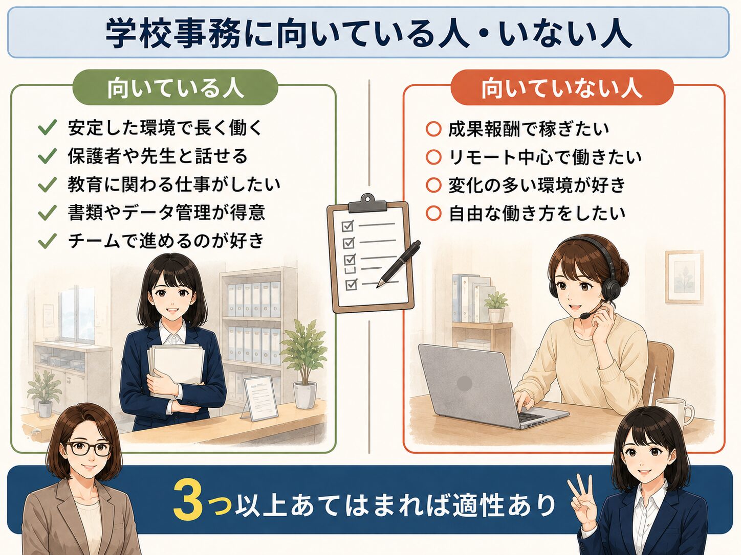 学校事務に向いている人・向いていない人【適性チェックリスト】を示す図解