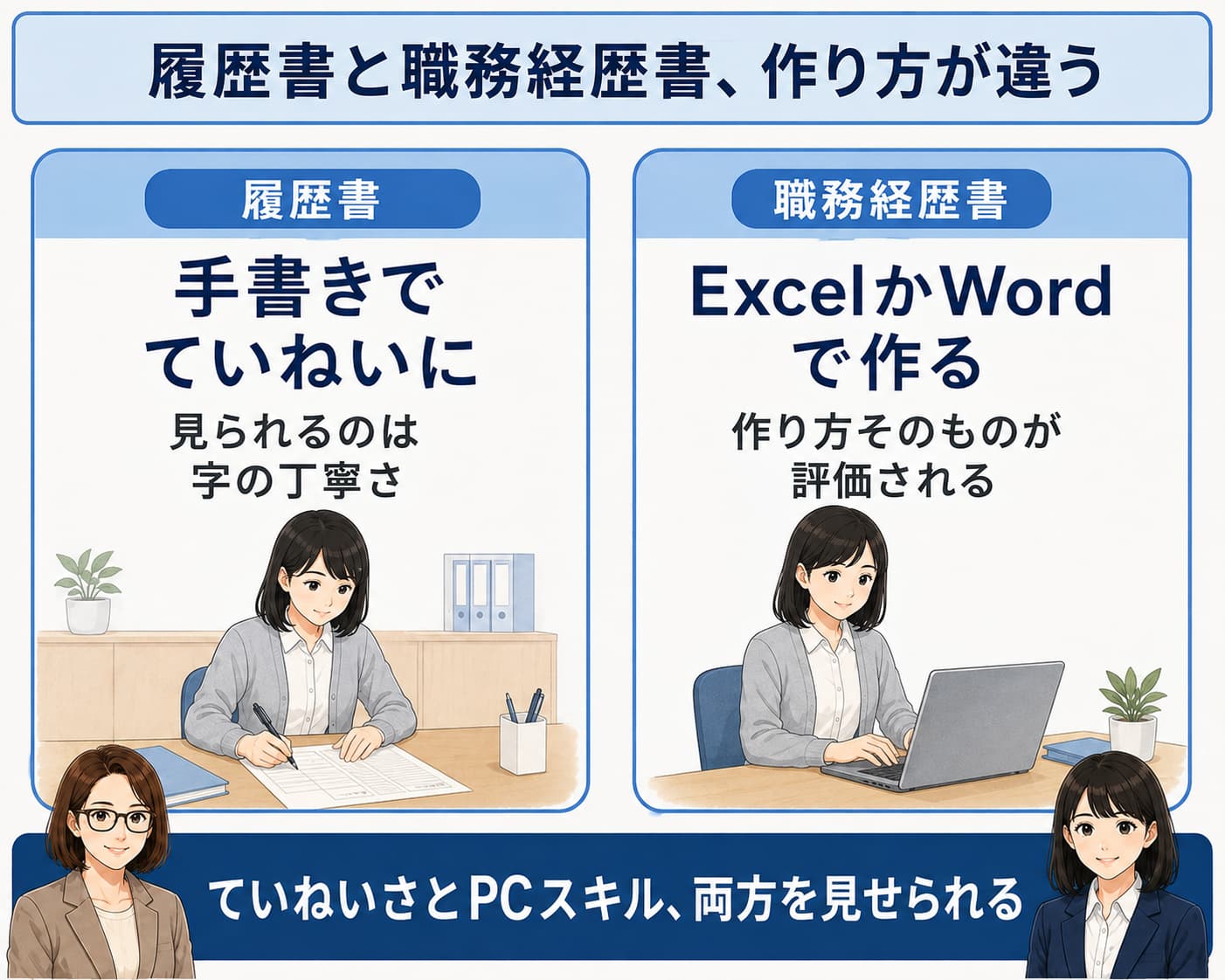 履歴書は手書き、職務経歴書はExcelかWordで作るという書類の作り分けを左右で対比した図
