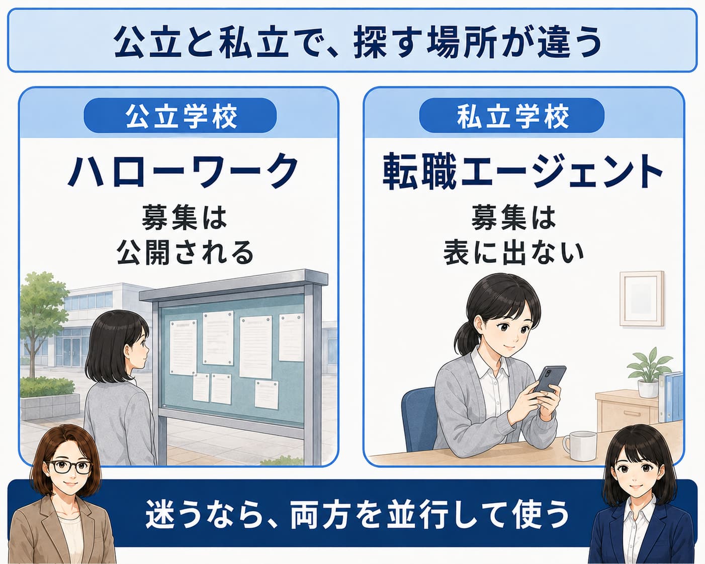 公立はハローワーク、私立は転職エージェントと、公立と私立で求人の探し場所が違うことを対比した図