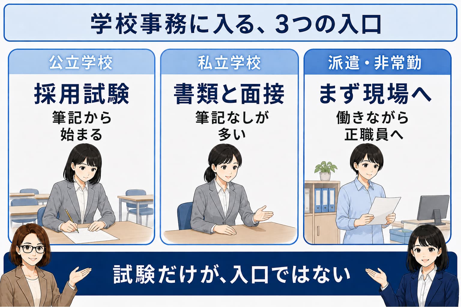 公立は採用試験、私立は書類と面接、派遣・非常勤は働きながら正職員をめざすという3つの入口を並べた図
