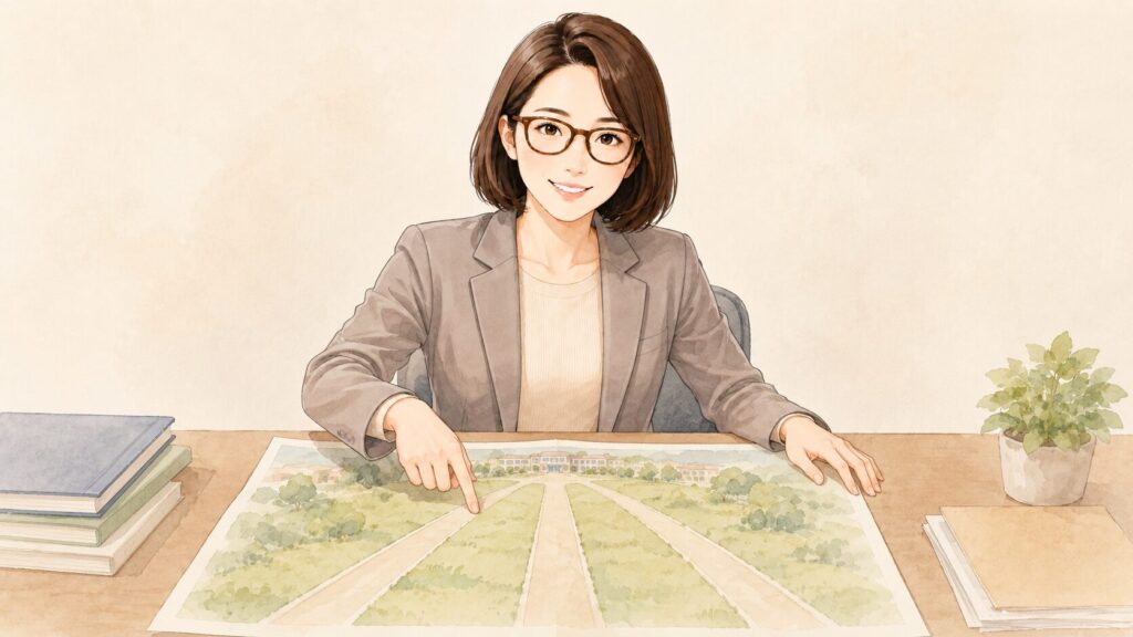 学校事務に転職する3つのルートを、地図で案内する主任のイラスト