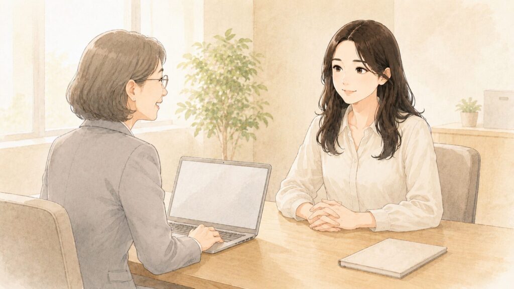 学校事務への転職をエージェントに相談する場面のイラスト