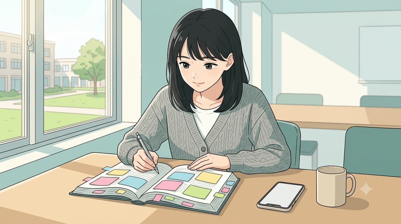 大学のラウンジで付箋を貼った問題集1冊に取り組む女子大学生のイラスト