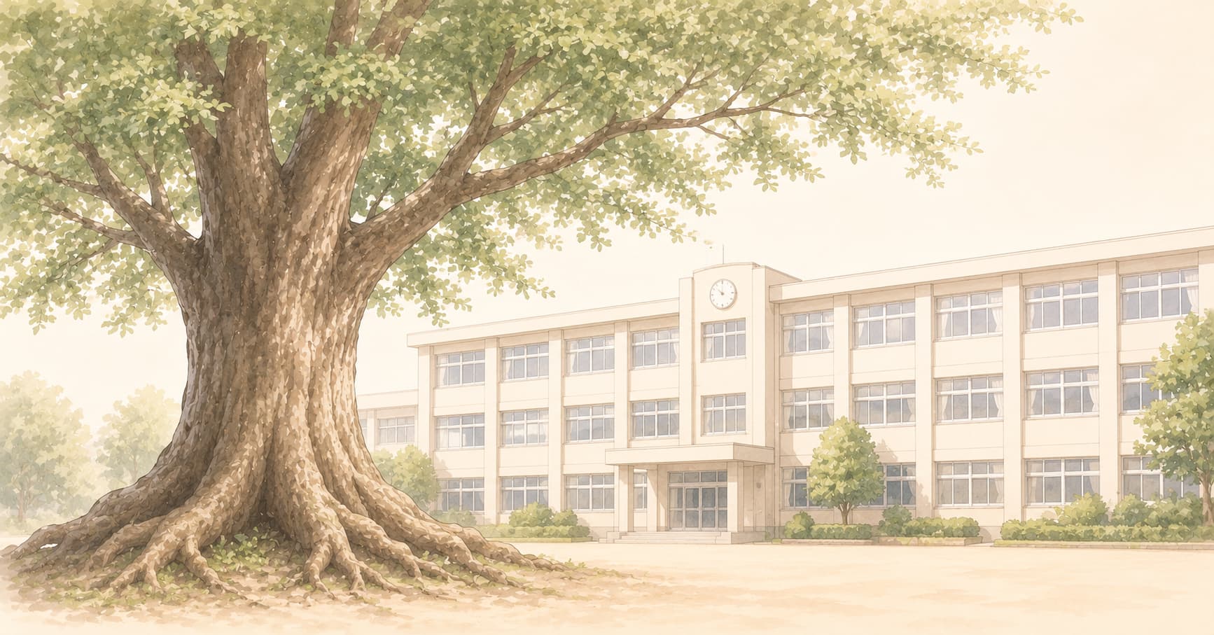 大きな木のそばに立つ校舎のイラスト