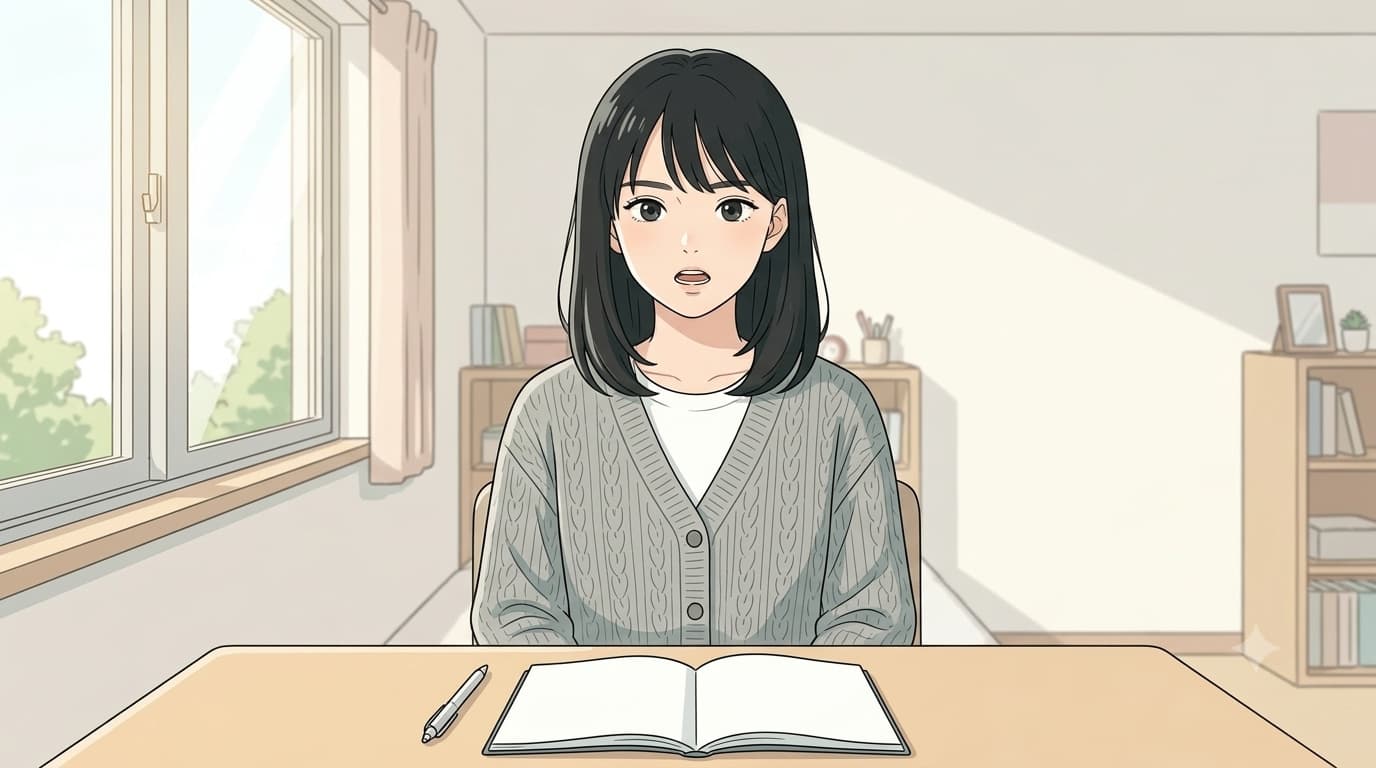 自室でノートを開き、声に出して面接の練習をする女子大学生のイラスト