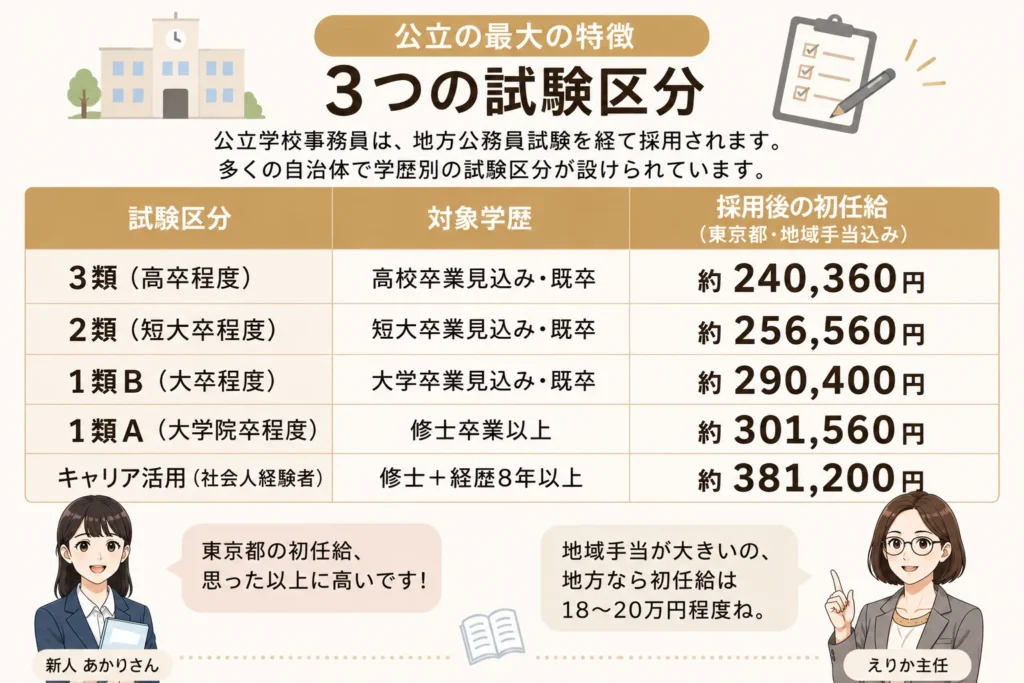公立の学校事務の3つの試験区分別、かつ対象学歴別の初任給がわかる図解