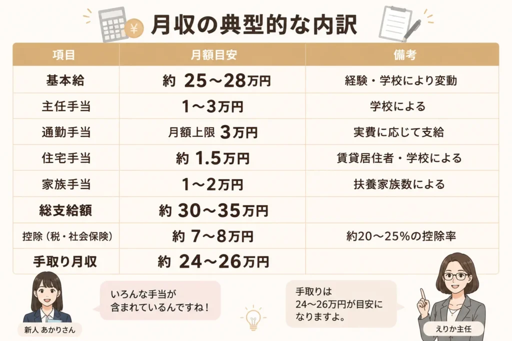学校事務の月収と通勤手当や住宅手当などの各種手当や手取り月収が分かる図解