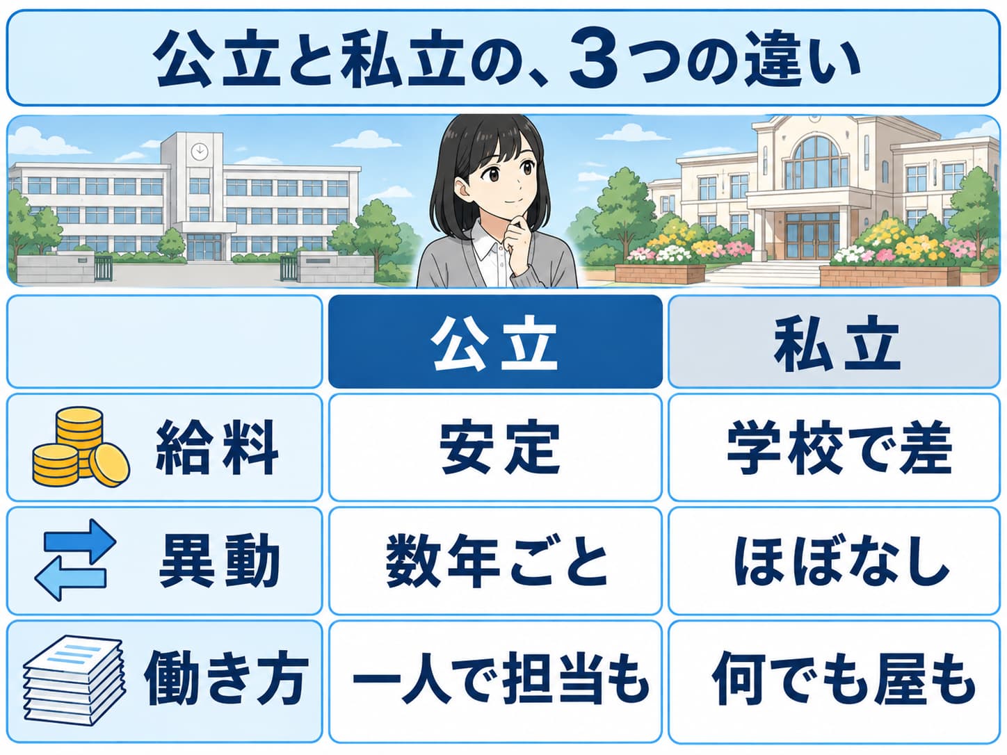 公立と私立の学校事務の違いを、給料・異動・働き方の3つで比べた図