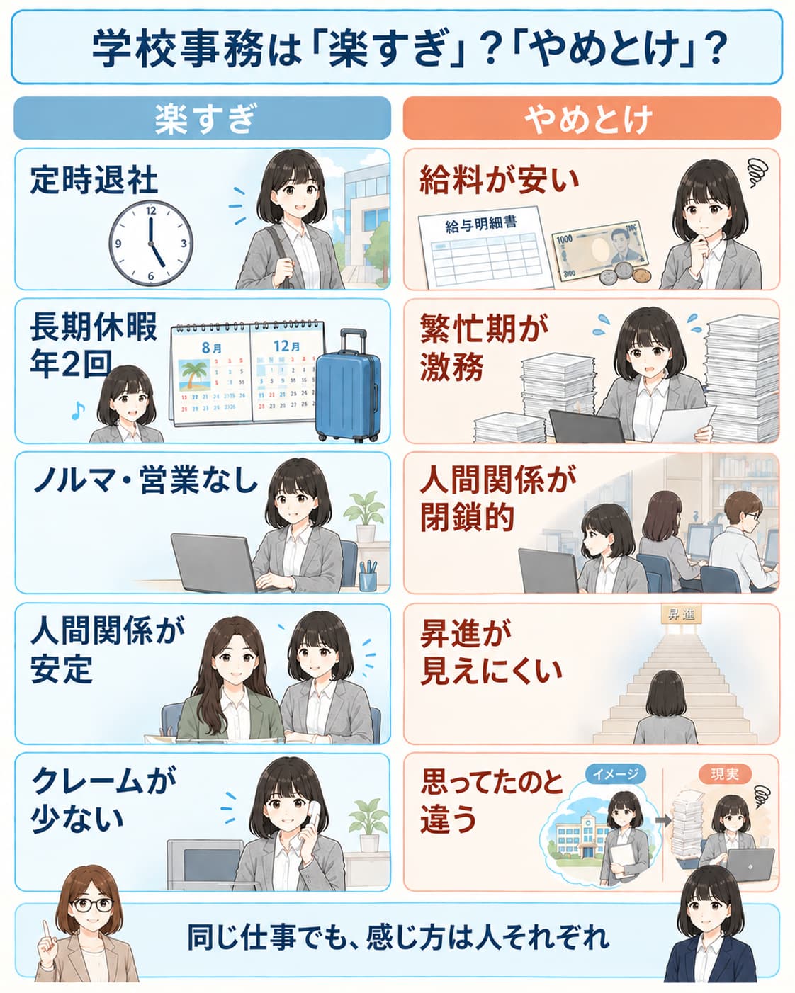 学校事務が「楽すぎ」「やめとけ」と言われる理由を、5つずつ左右に並べて比べた図解