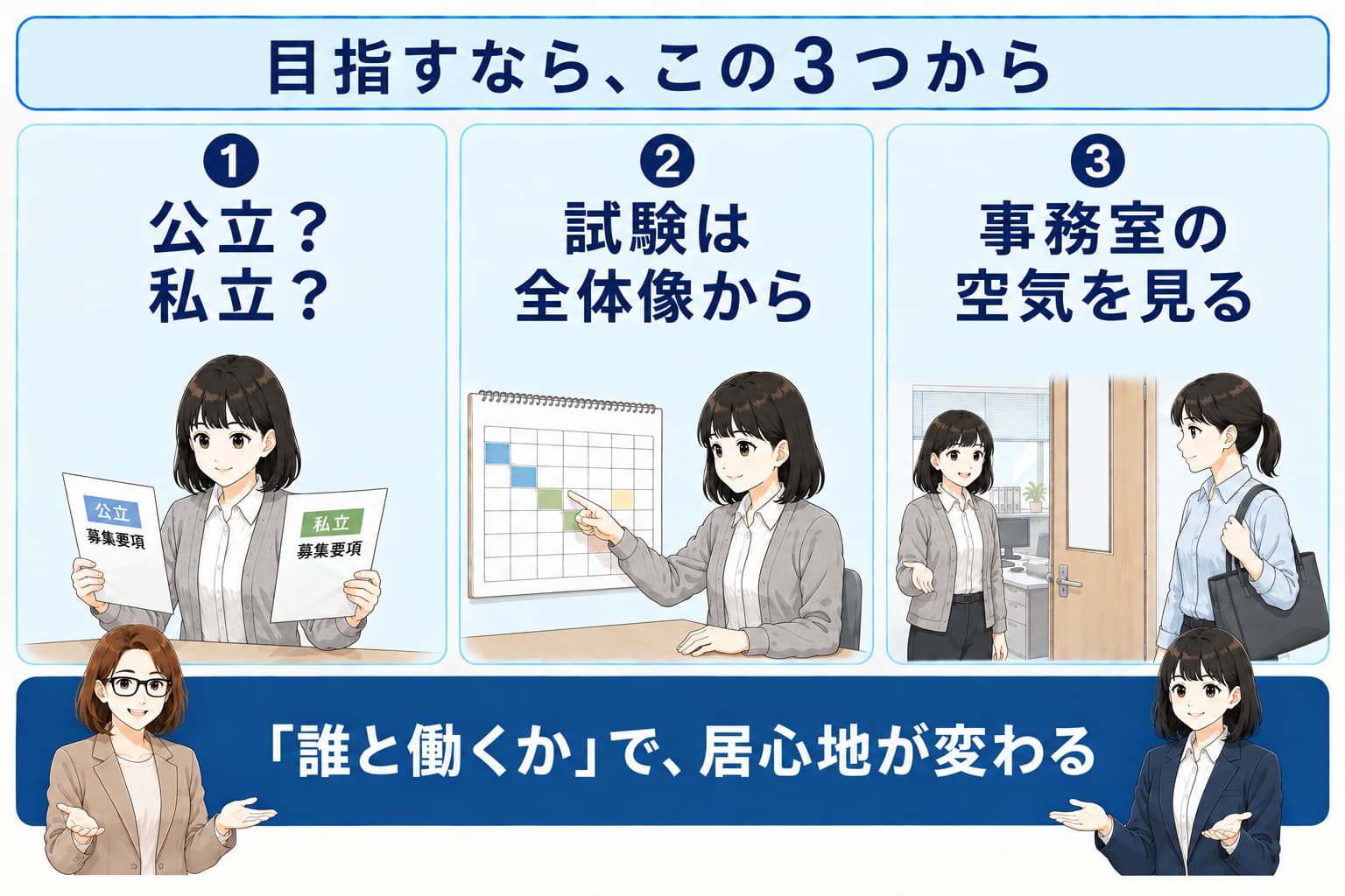学校事務を目指す人が最初に決める3つ（公立か私立か・試験の全体像・事務室の見学）を示した図