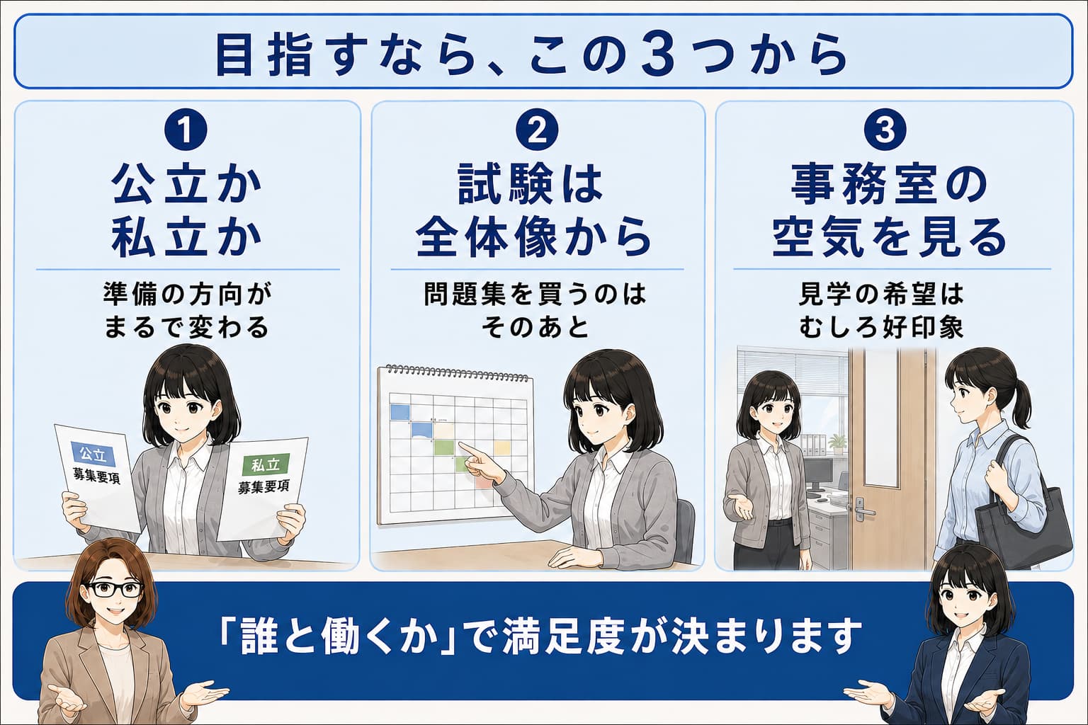 学校事務を目指す人が最初に決める3つ(公立か私立か・試験の全体像・事務室の見学)を示した図