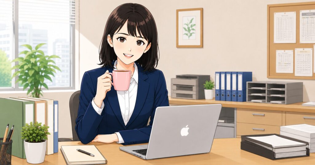 「学校事務 楽すぎ」の事務室で新人のあかりさんがのりびり仕事をしているイメージ図。