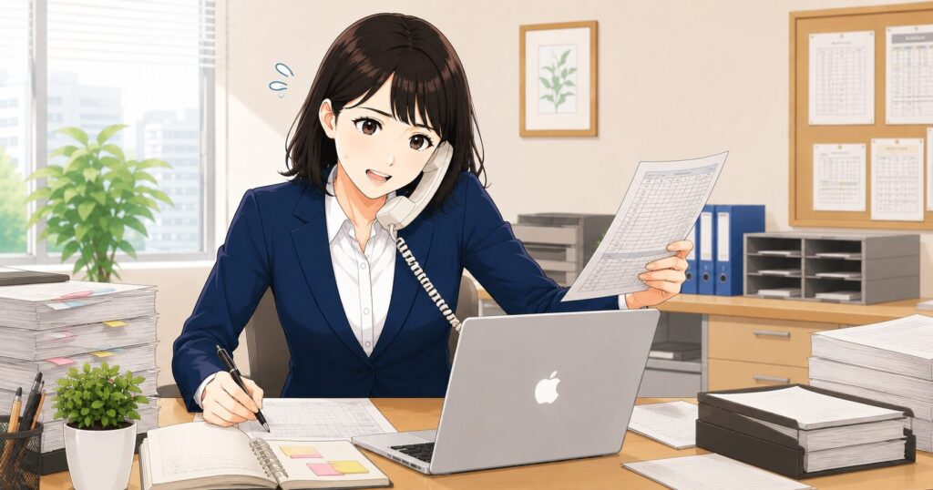「学校事務 やめとけ」の事務室で新人のあかりさんが、忙しそうに仕事をしているイメージ図。