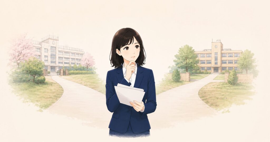 学校事務になりたい女性が、公立か私立か、悩んでいるイラスト