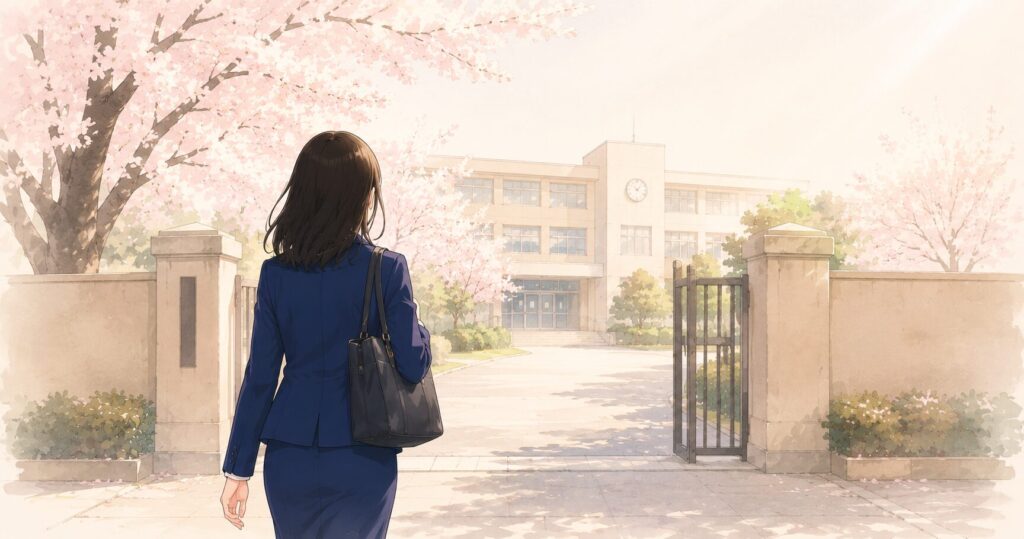 学校事務への一歩を踏み出す女性が、桜の咲く学校の正門へ歩いていくイラスト