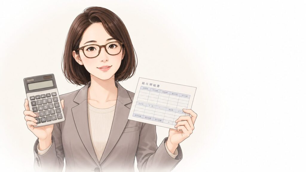 学校事務の給料を給与明細と電卓で説明する事務主任のイラスト