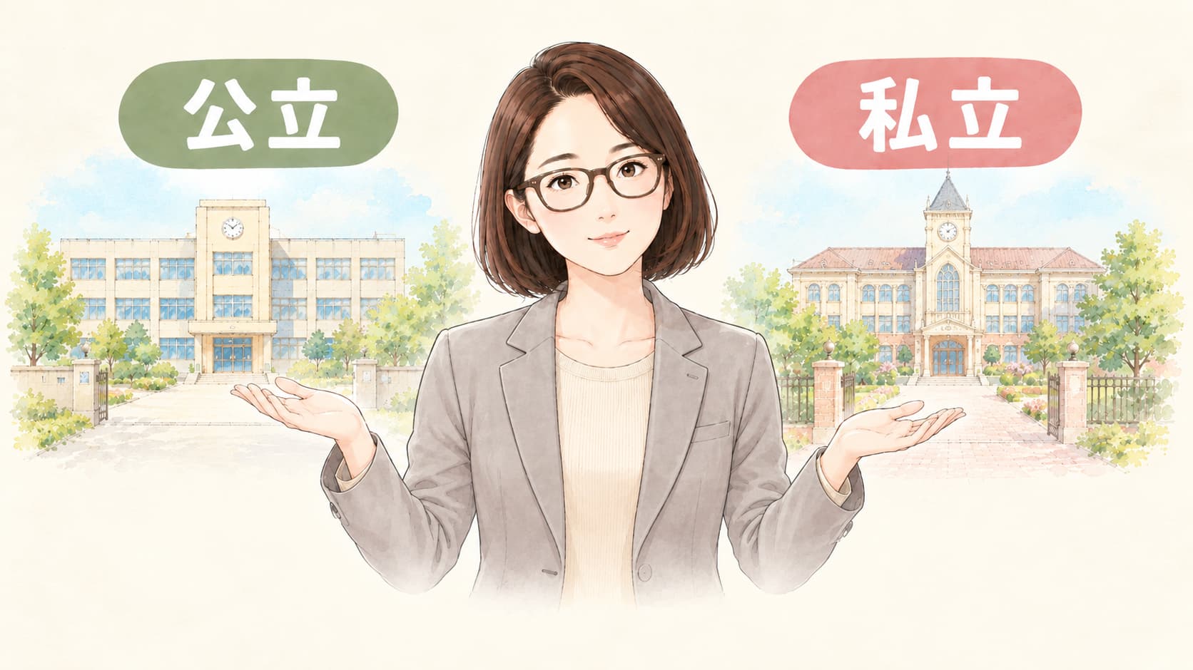 公立と私立、2つの学校を左右に並べて比べるイラスト
