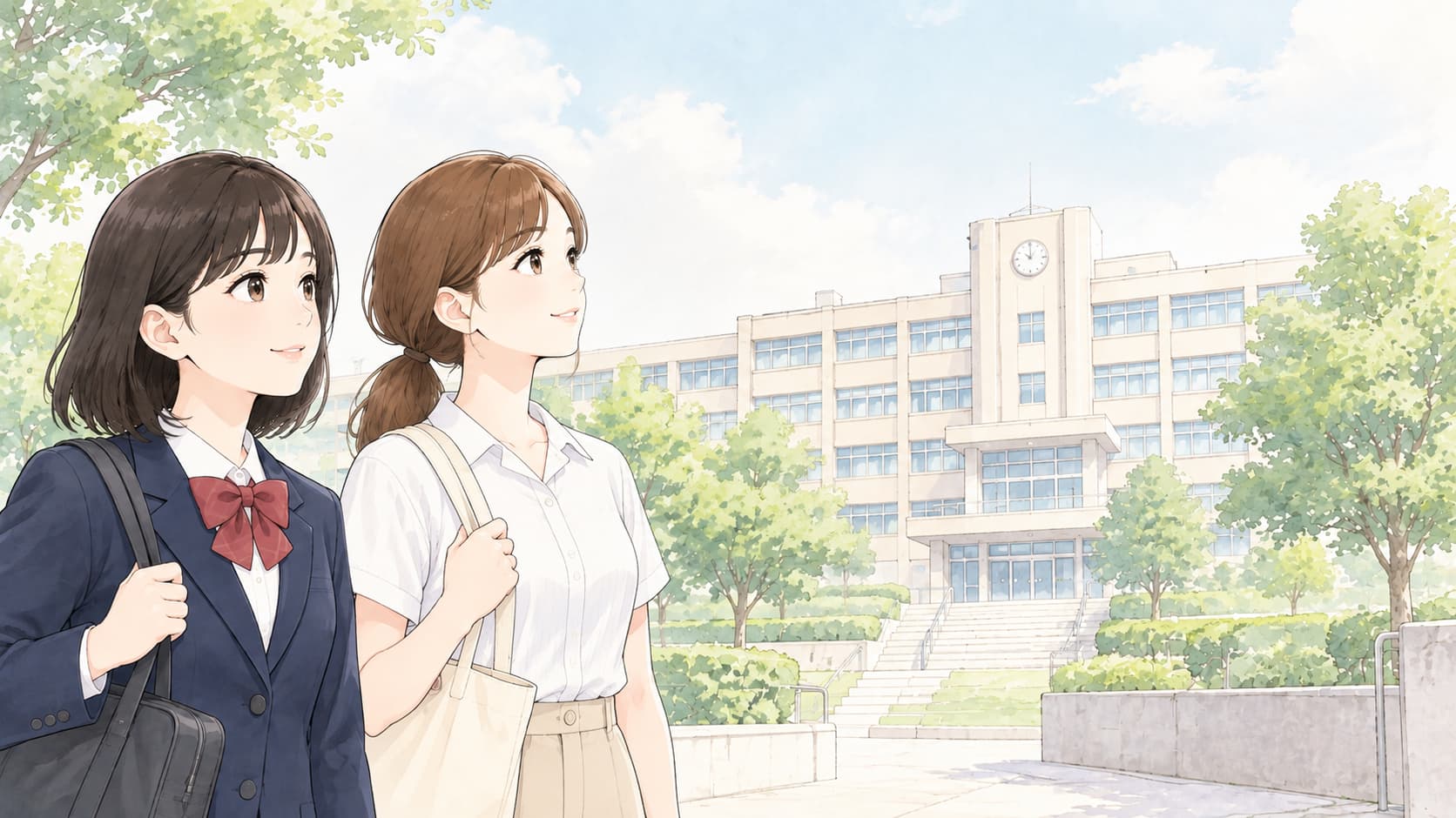 高卒と大卒、別々のスタートラインから同じ学校へ進む2人のイラスト