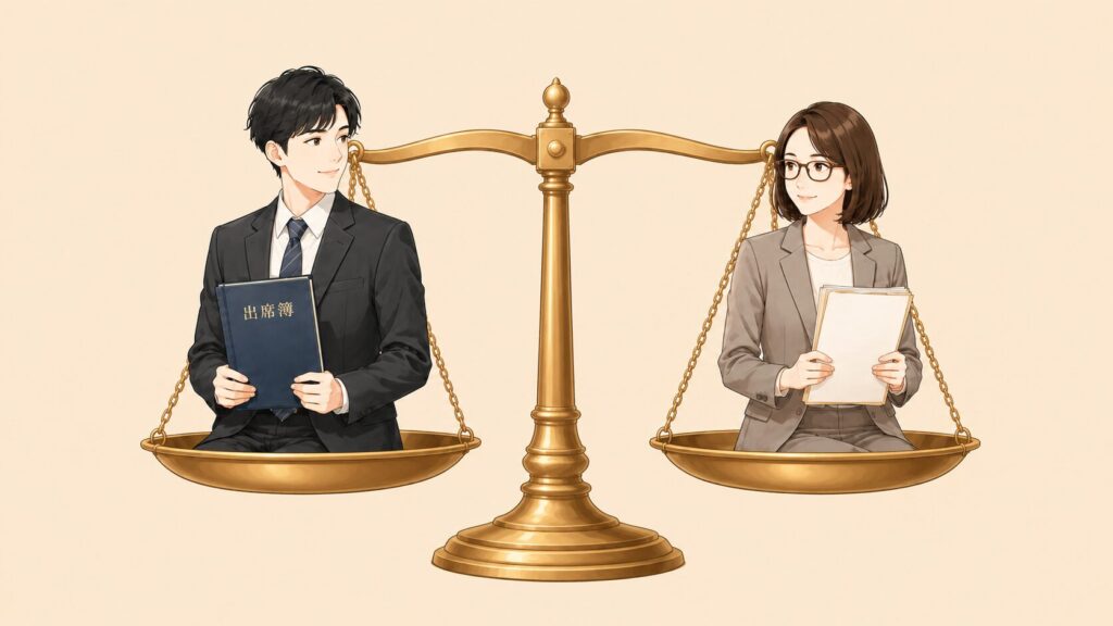 学校事務と教員との給料の実態を、天稟に教員と事務を乗せて、比較を表すイラスト