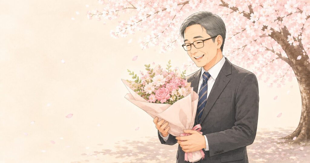 満開の桜の下で花束を受け取る、定年退職する学校事務職員のイラスト