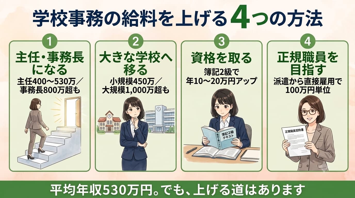学校事務の給料を上げる4つの方法、昇進・転職・資格取得・正規職員へ昇格を表した図解