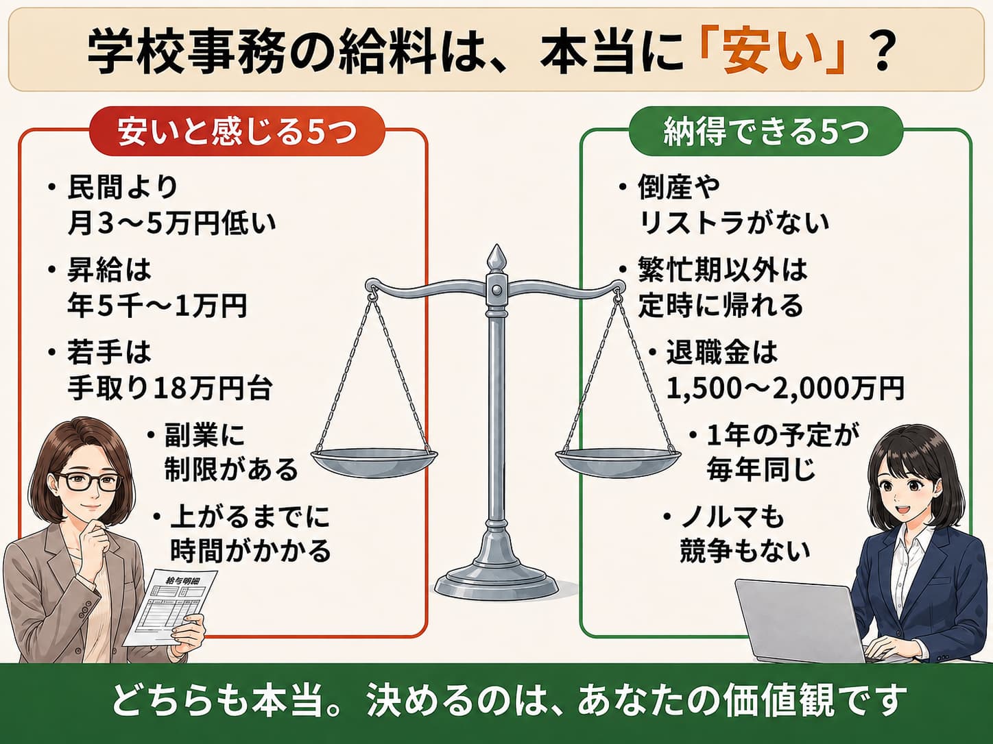 「学校事務の給料は安い」は本当か。安いと感じる理由と納得できる理由をそれぞれ5つ表した図解