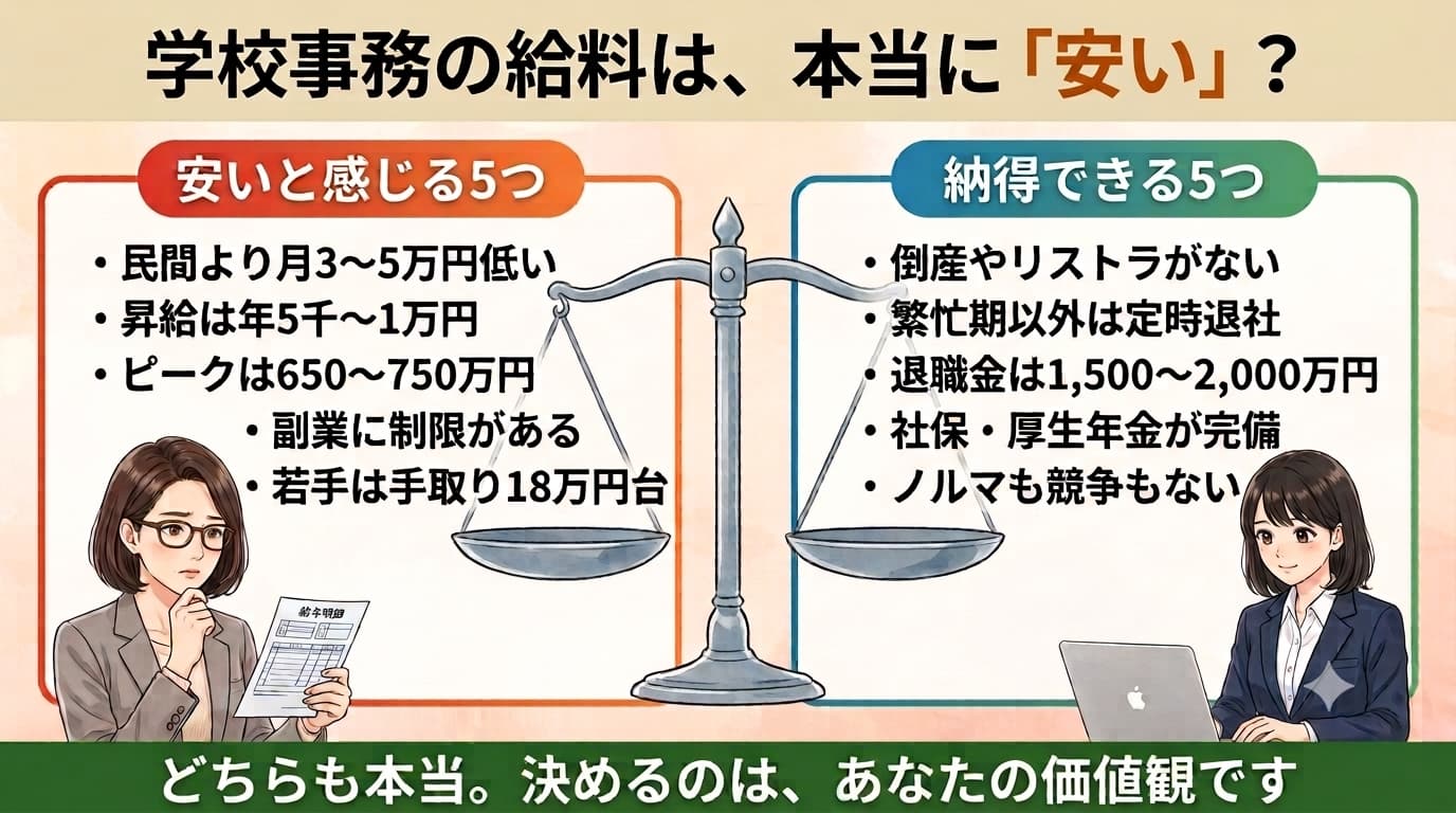 「学校事務の給料は安い」は本当か。安いと感じる理由と納得できる理由をそれぞれ5つ表した図解