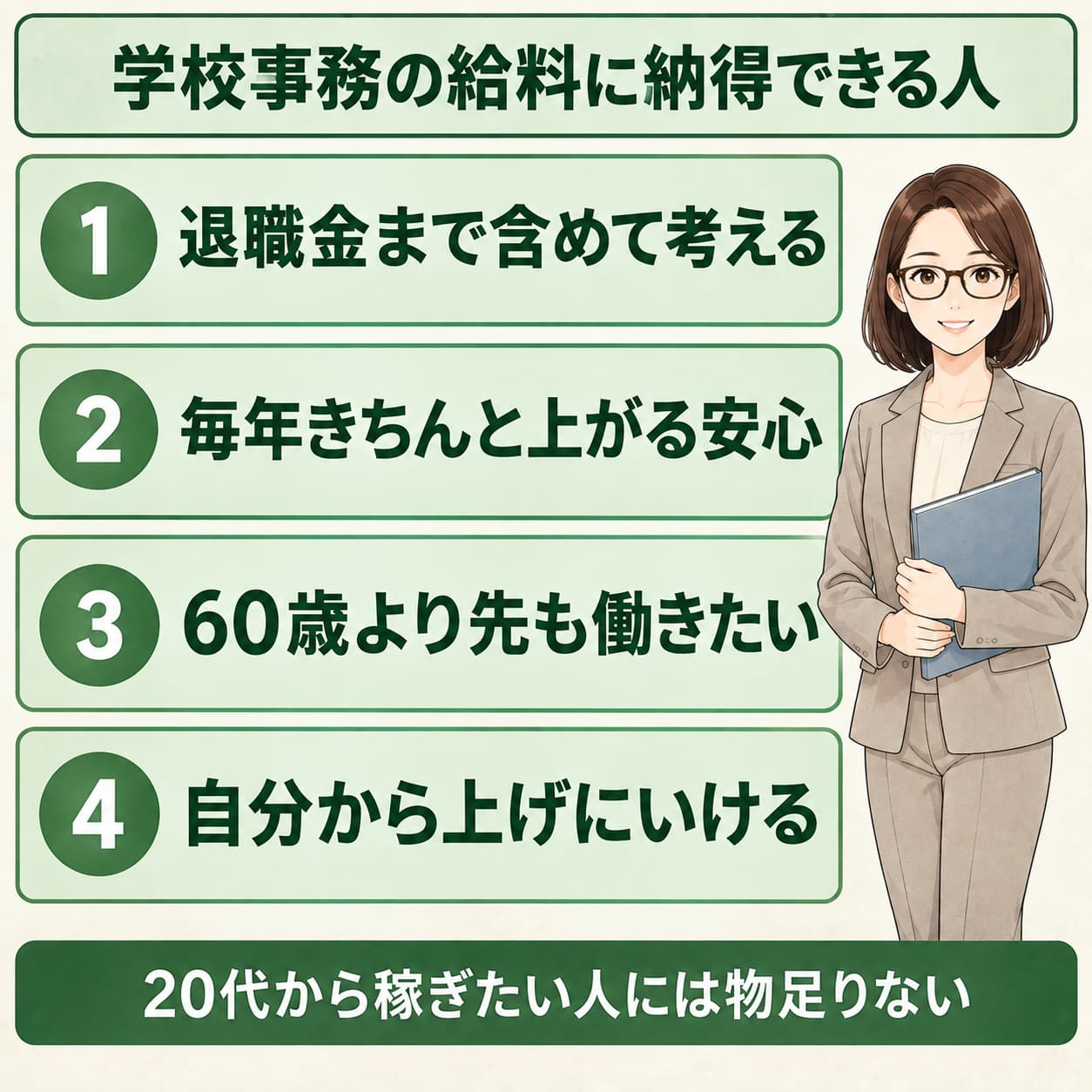 学校事務の給料に納得できる人の4つの条件をまとめた図