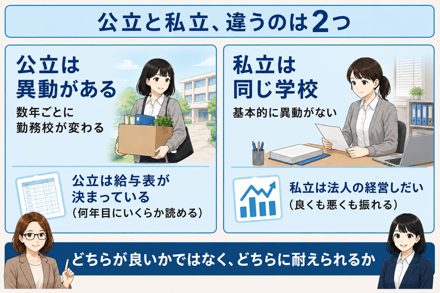 公立と私立の学校事務の違いを、異動の有無と給与表の2点で対比した図