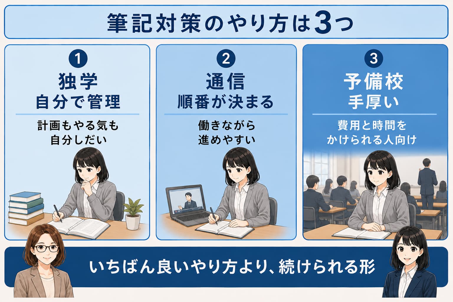 独学・通信・予備校の3つを「続けやすさ」の軸で並べた図