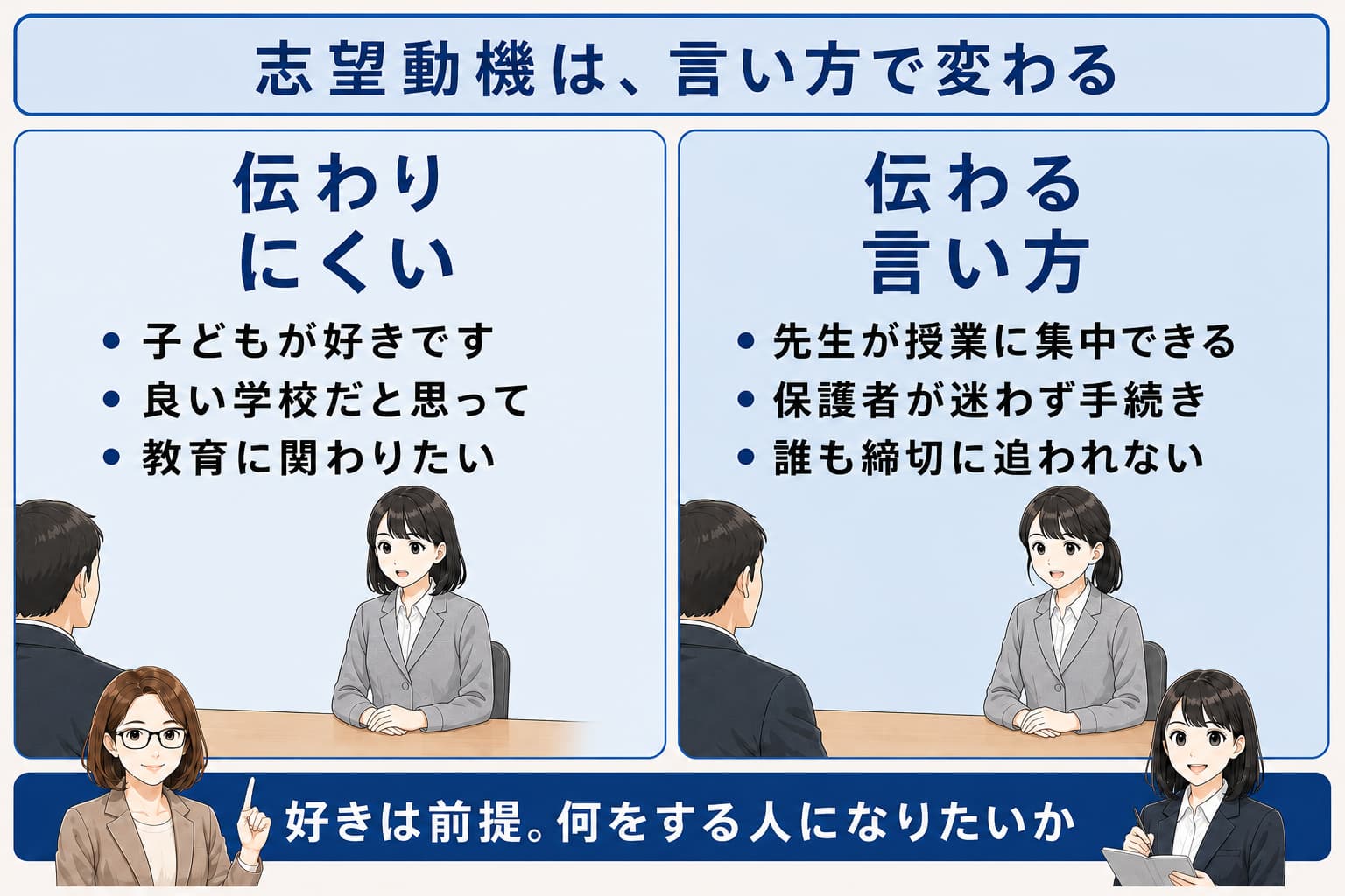 面接で伝わりにくい志望動機と、伝わる言い方を左右で対比した図