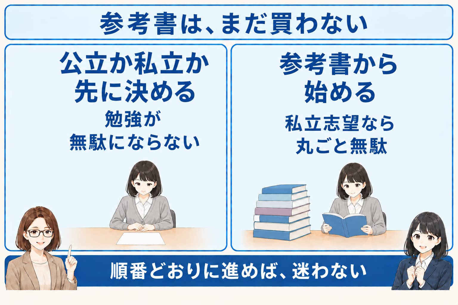 参考書を買う前に公立か私立かを決める理由を、左右で対比した図