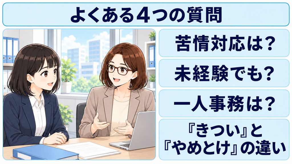 学校事務の苦情対応、未経験、一人事務、「きつい」と「やめとけ」の違いに関する4つの質問を示した図解
