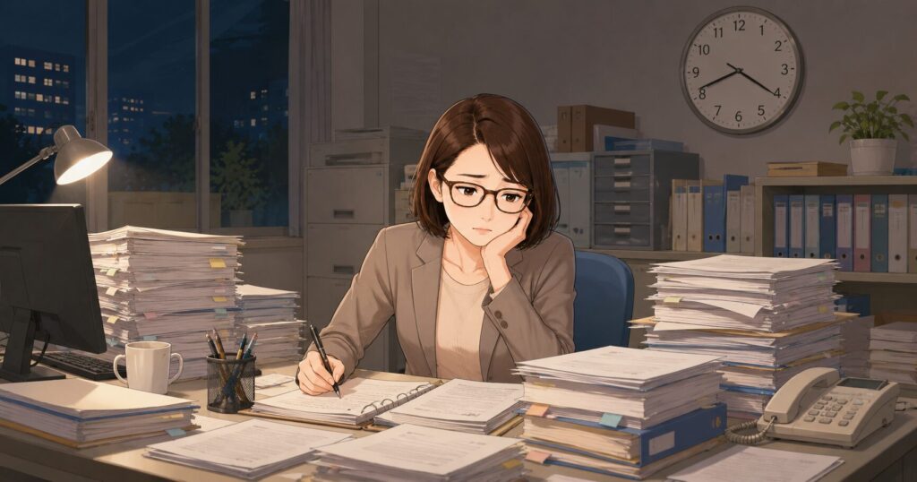 繁忙期、夜遅くまで山のような書類に囲まれて仕事をしているえりか主任