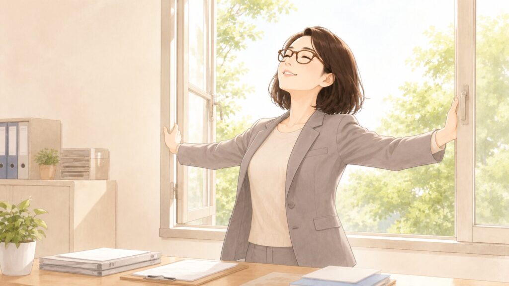 学校事務のきつさを軽くする工夫を、深呼吸する事務主任で表すイラスト