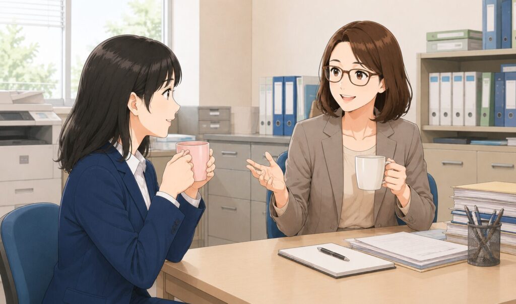 えりか主任に、仕事が忙しくてしんどい状況を、話ているあかりさん