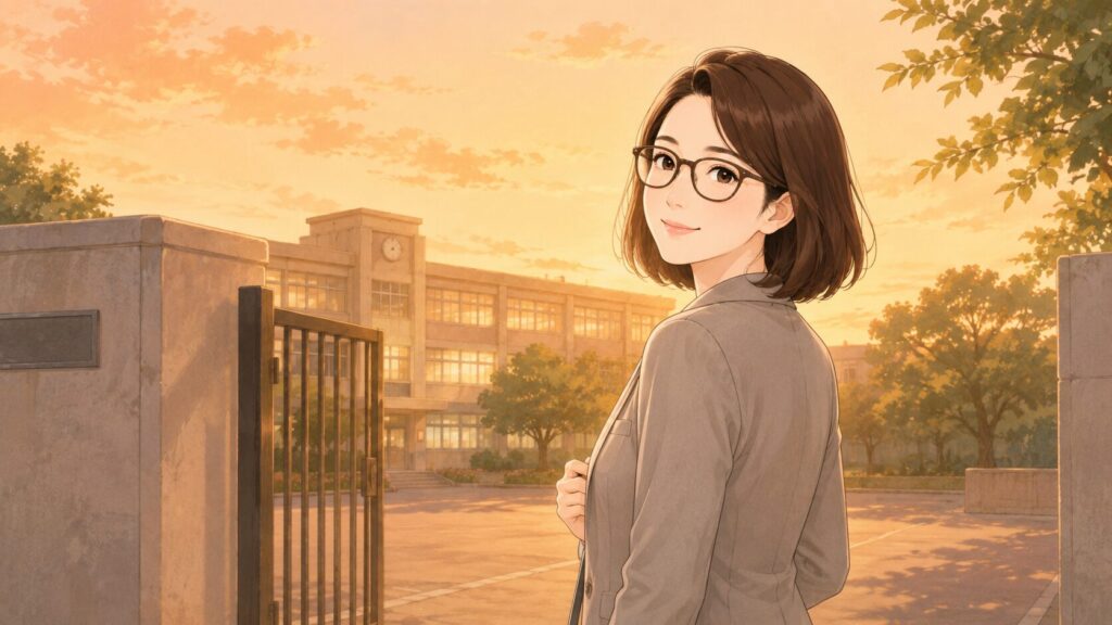 学校事務を続けてよかったと感じる瞬間を、夕暮れの校門で表すイラスト