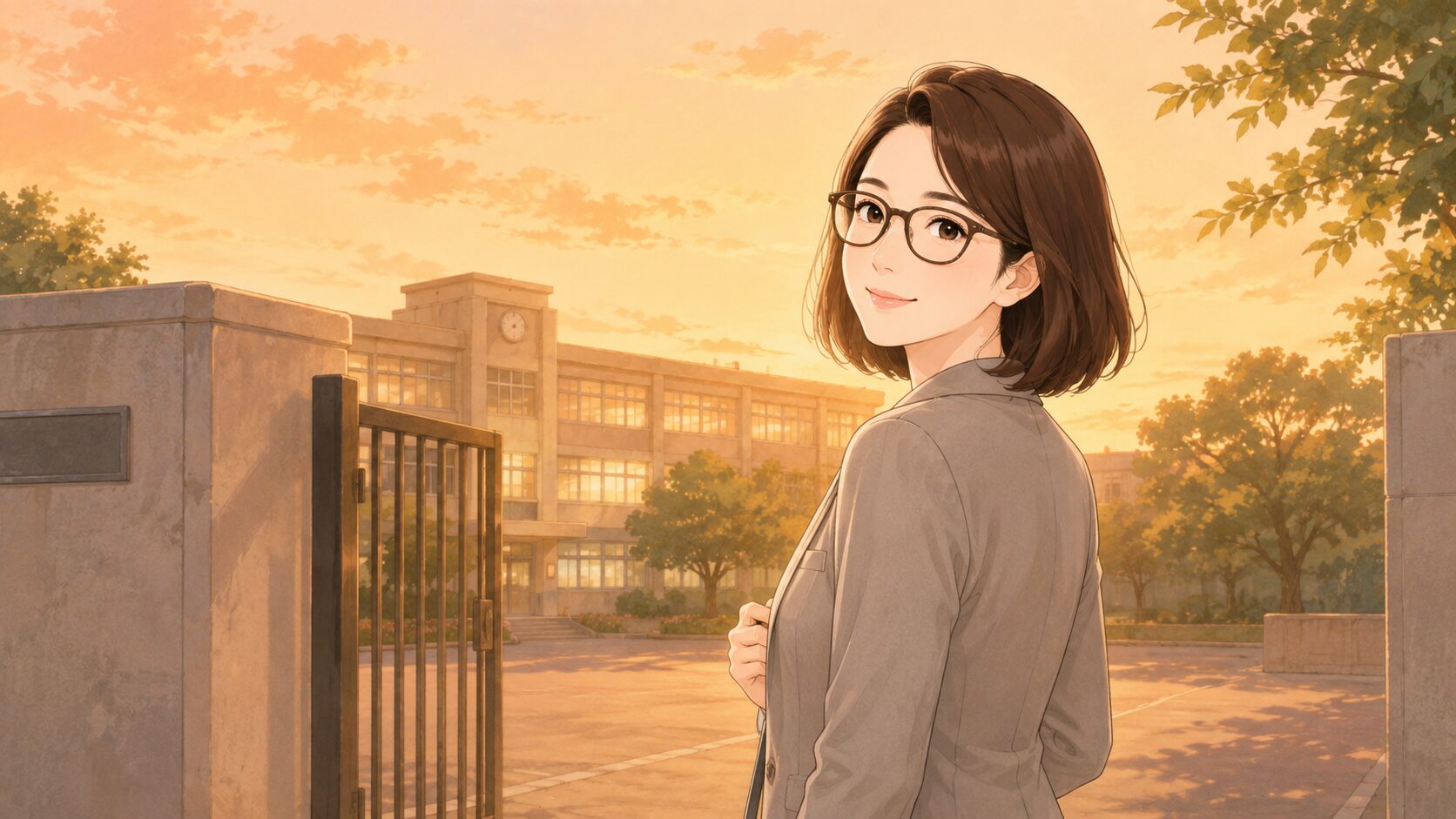 学校事務を続けてよかったと感じる瞬間を、夕暮れの校門で表すイラスト