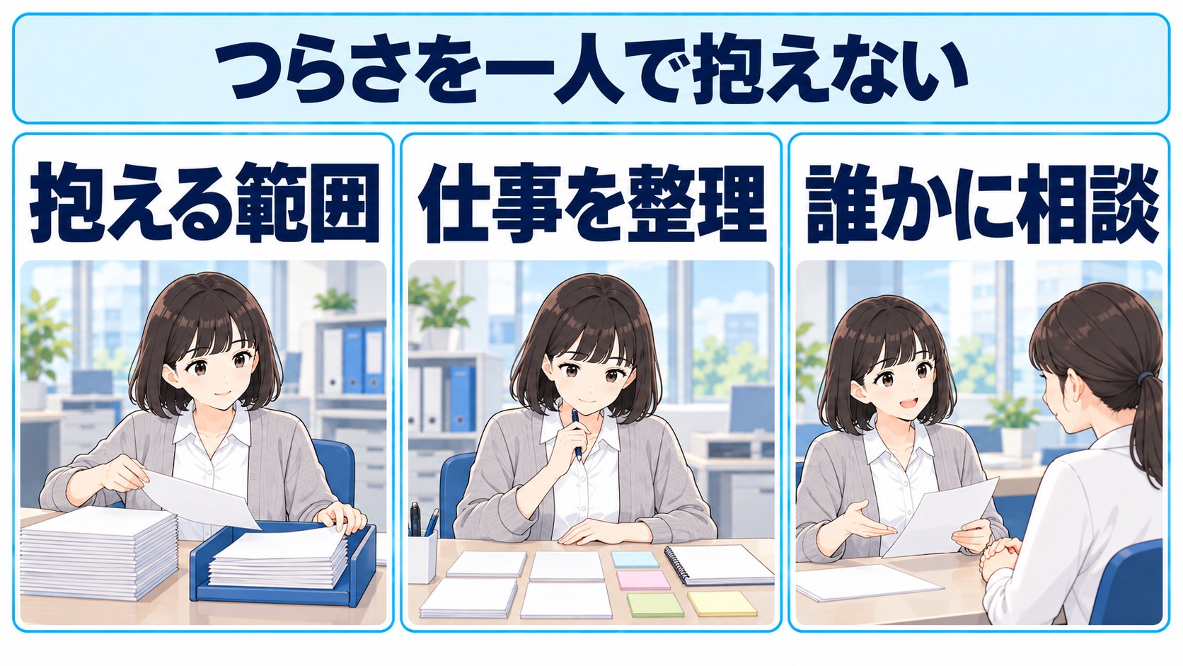 抱える範囲と仕事を整理し、誰かに相談する視点を示した図解