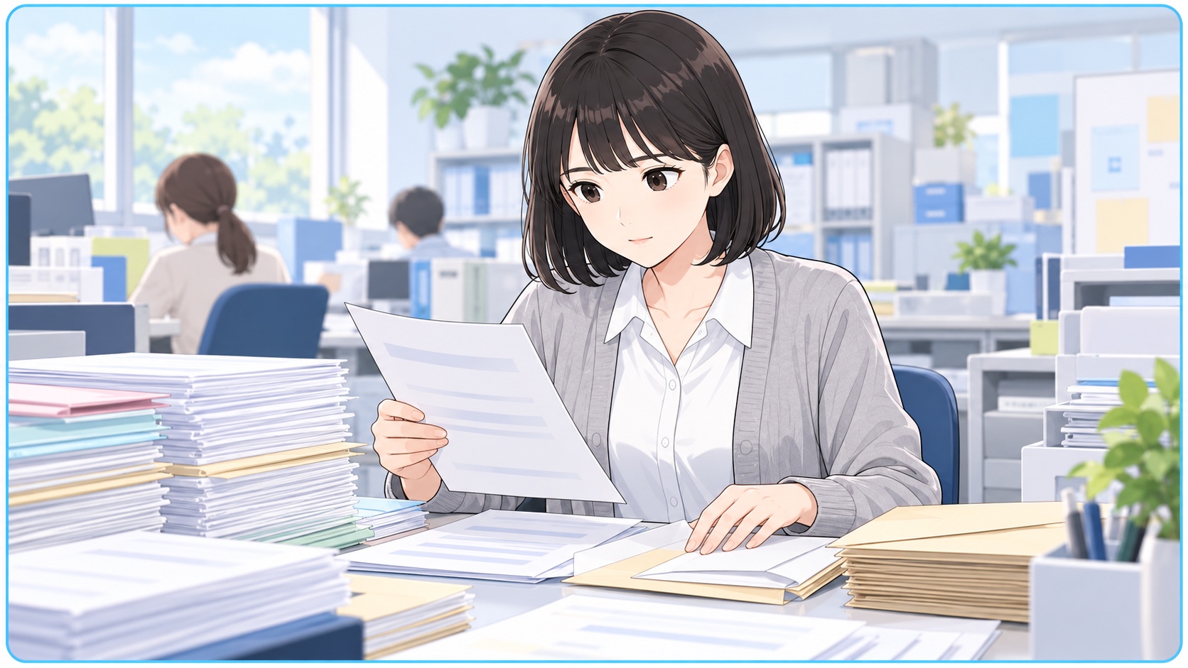 入試や年度替わりの書類と封筒を確認する事務職員のイラスト